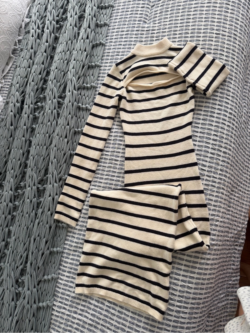 Bershka Cream and Black Striped Long Sleeve Dress